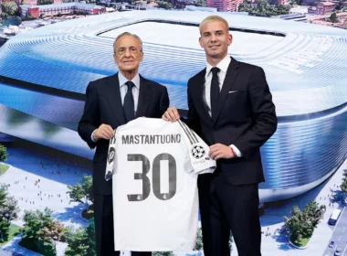 Florentino Pérez és Franco Mastantuono (forrás: realmadrid.com)