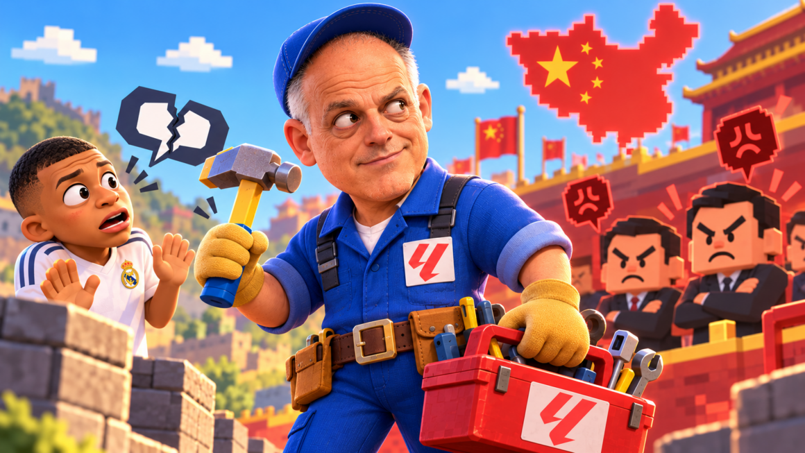 Illusztráció: OpenAI / ChatGPT (mesterséges intelligenciával generált kép). Javier Tebas és Kylian Mbappé fiktív, szatirikus ábrázolása, a Wreck-It Ralph (Rontó Ralph) című animációs film vizuális világának felhasználásával.