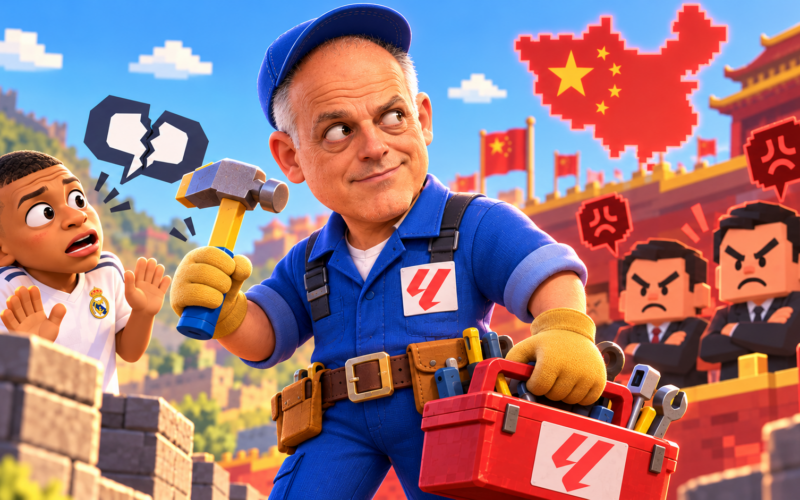 Illusztráció: OpenAI / ChatGPT (mesterséges intelligenciával generált kép). Javier Tebas és Kylian Mbappé fiktív, szatirikus ábrázolása, a Wreck-It Ralph (Rontó Ralph) című animációs film vizuális világának felhasználásával.